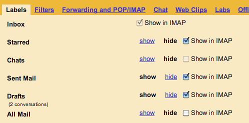 The Show in Imap checkbox appears when you enable the Google Labs Advanced IMAP feature.